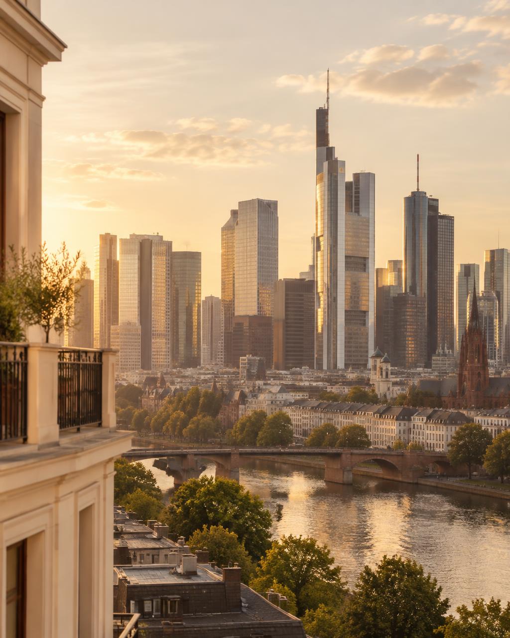 The Frankfurt am Main skyline in warm evening light